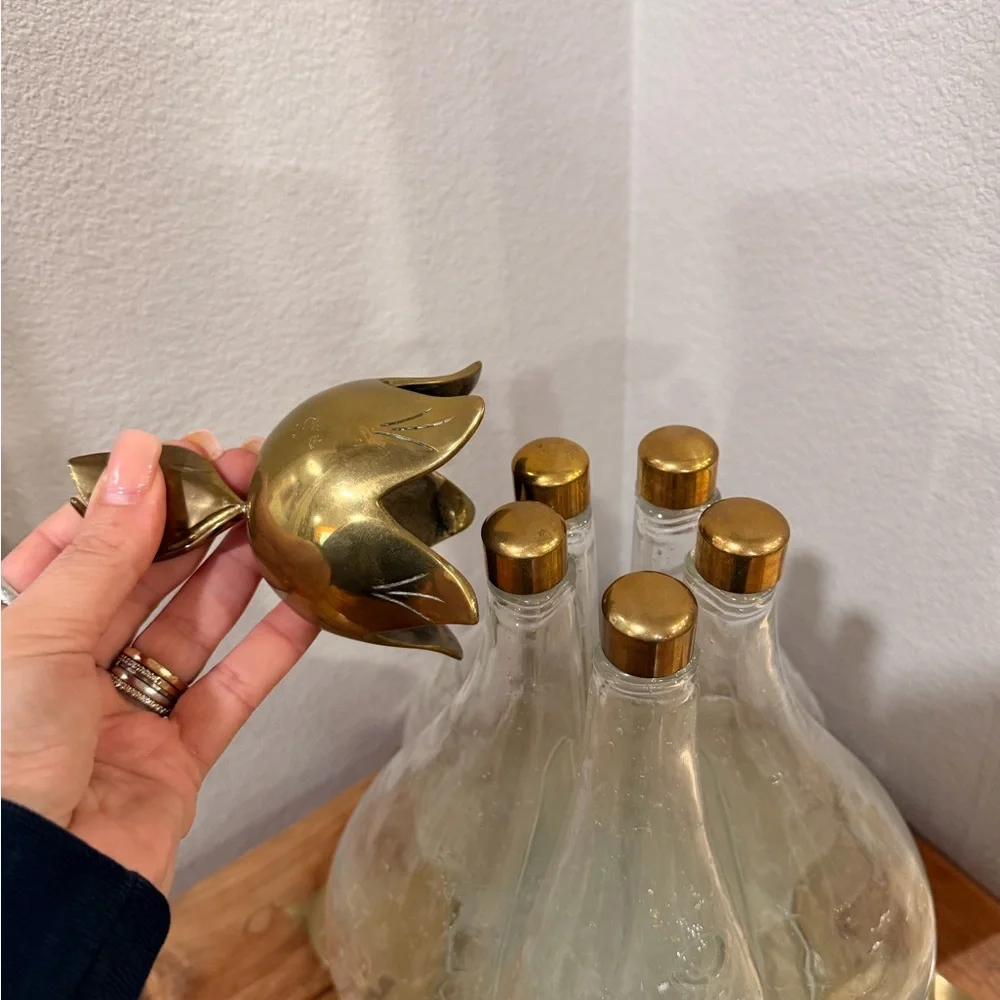 Vintage Italian Glass Pear Decanter Set 5 Bottles Brass Leaf Stand MCM 1960s